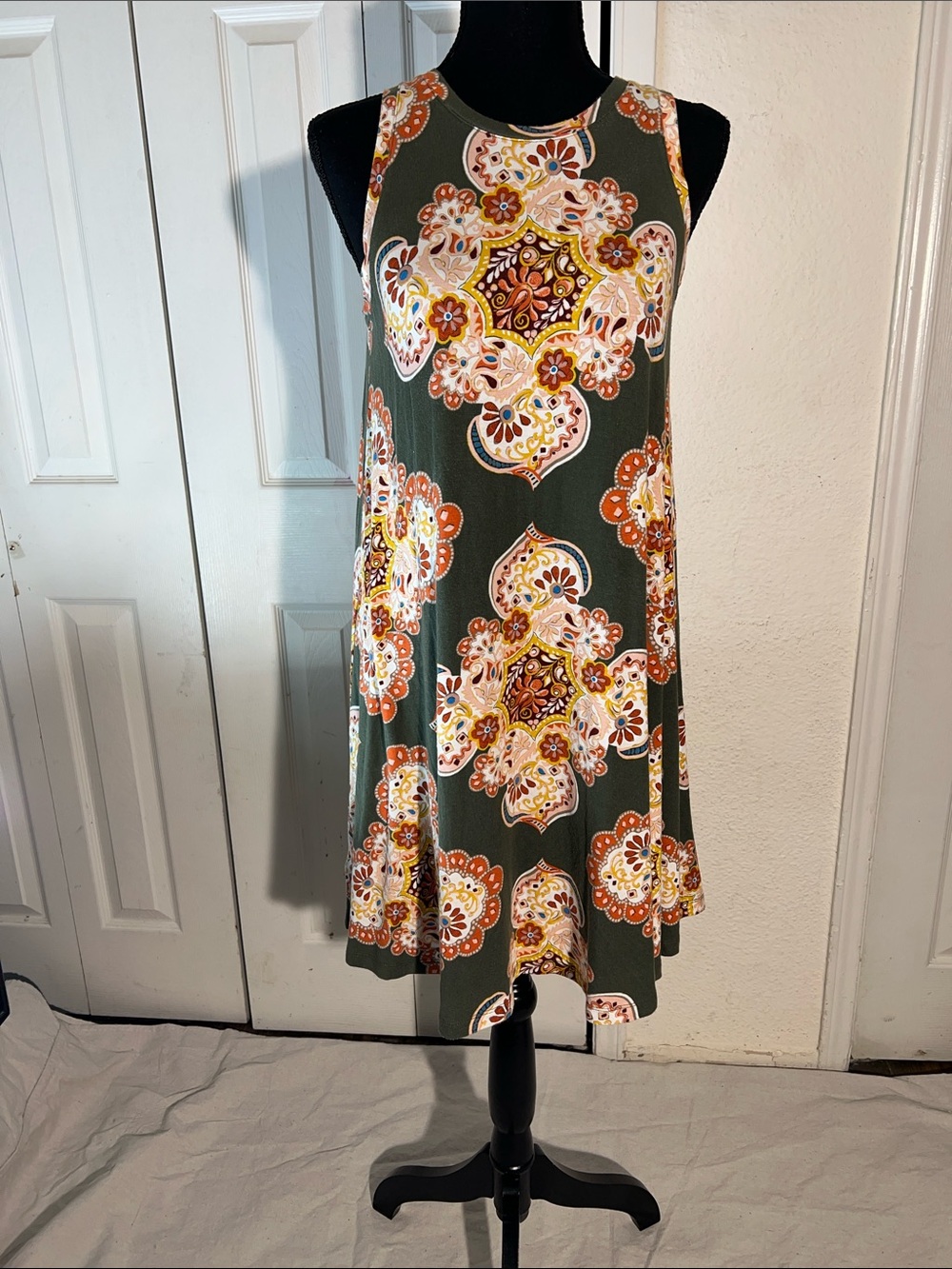 LOFT Olive Green Midi Dress with Orange and Cream Medallion Print